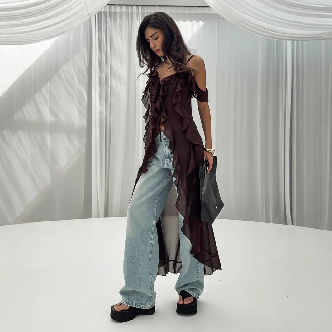 Xiecha sexy suspender dress, European and American summer new lotus leaf edge V-neck suspender dress for women