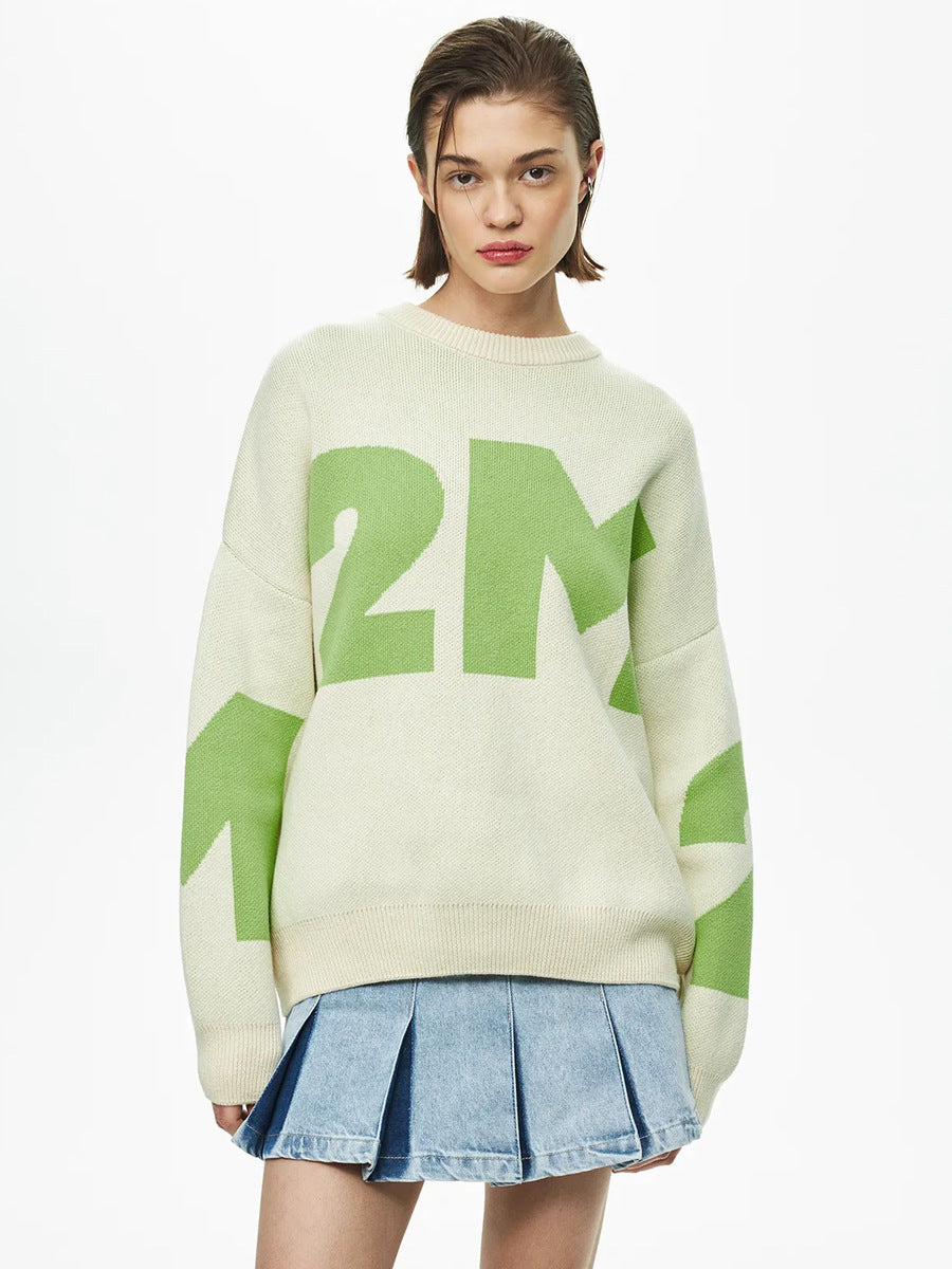 Alphabet sweater European, American autumn and winter knitting fashionable versatile contrasting color temperament round neck loose letter sweater