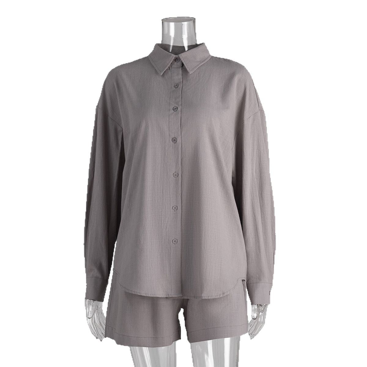 Pure cotton cardigan long-sleeved shorts set spring and summer outer wear simple solid color European and American style casual suits women