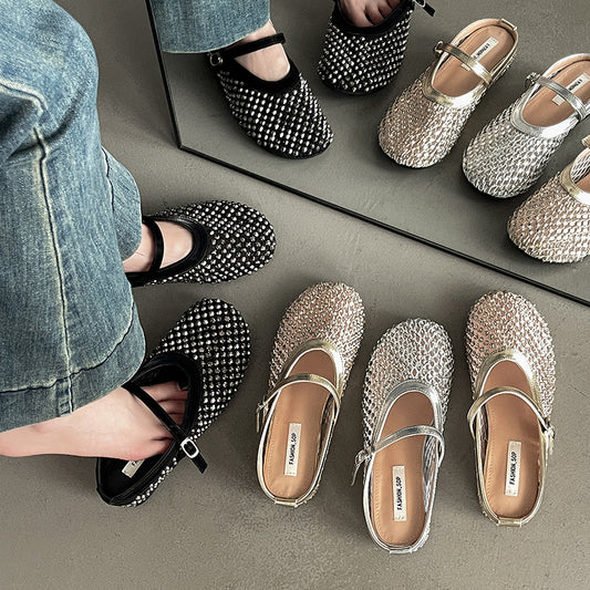 fashion new French rhinestone  head half slippers women  summer new wear Mary Jane shoes cool slippers
