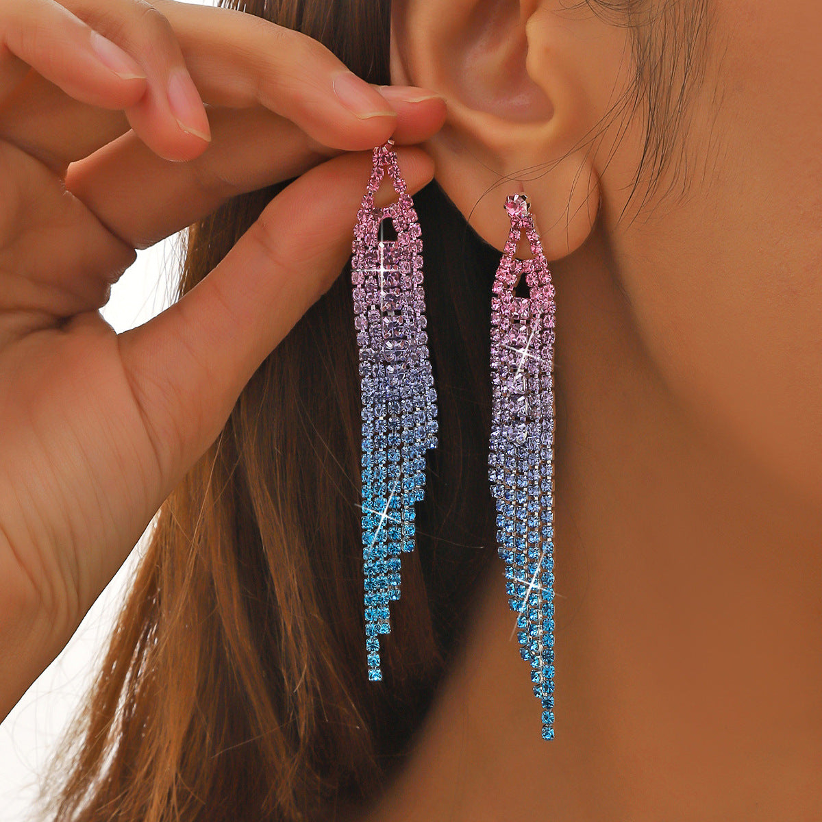 Choka Fashion Full Diamond Long Fringed Earrings Women's Temperament Rhinestone Earrings Ear Jewelry  Earrings