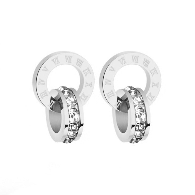 European and American cross-border Internet celebrities personalized titanium steel stud earrings female ins creative diamond double ring Roman digital earrings ear jewelry