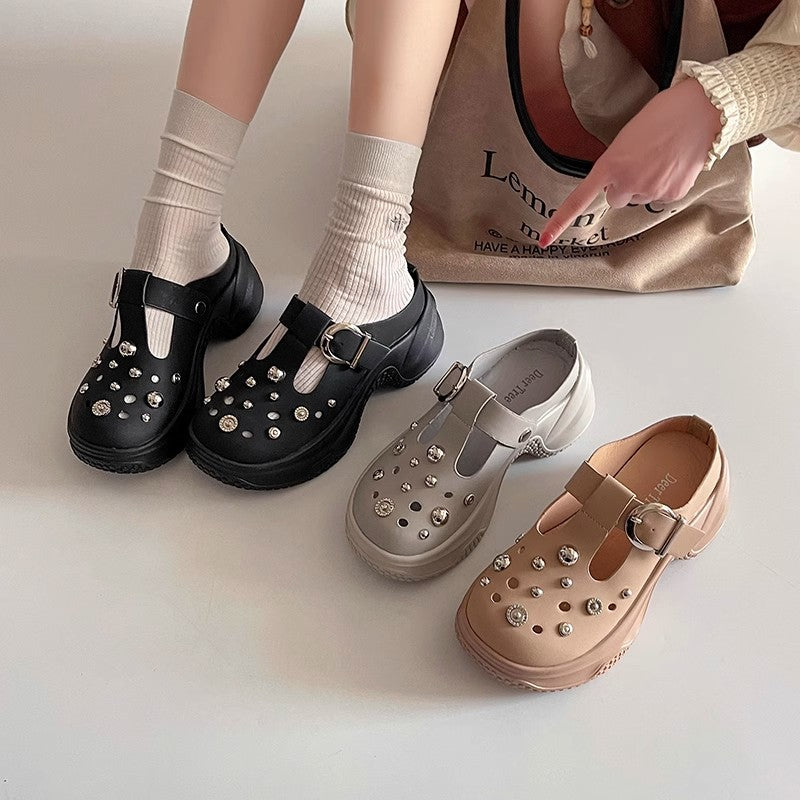 Casual hole shoes  summer and spring new European niche rhinestone thick sole heightening simple fashion bag head sandals slippers