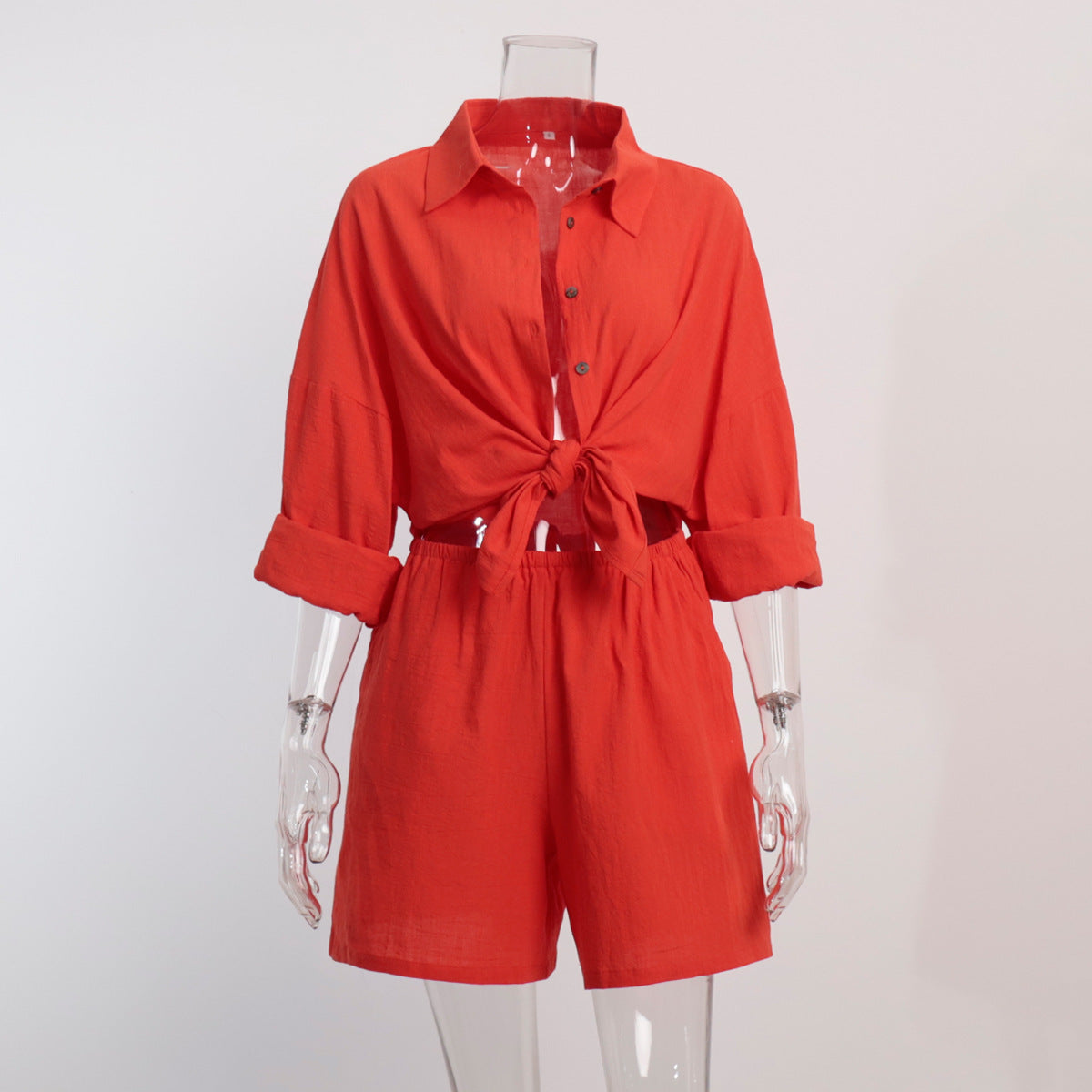Shirt set European and American summer new women's vacation casual loose long-sleeved shirt + shorts set   suits