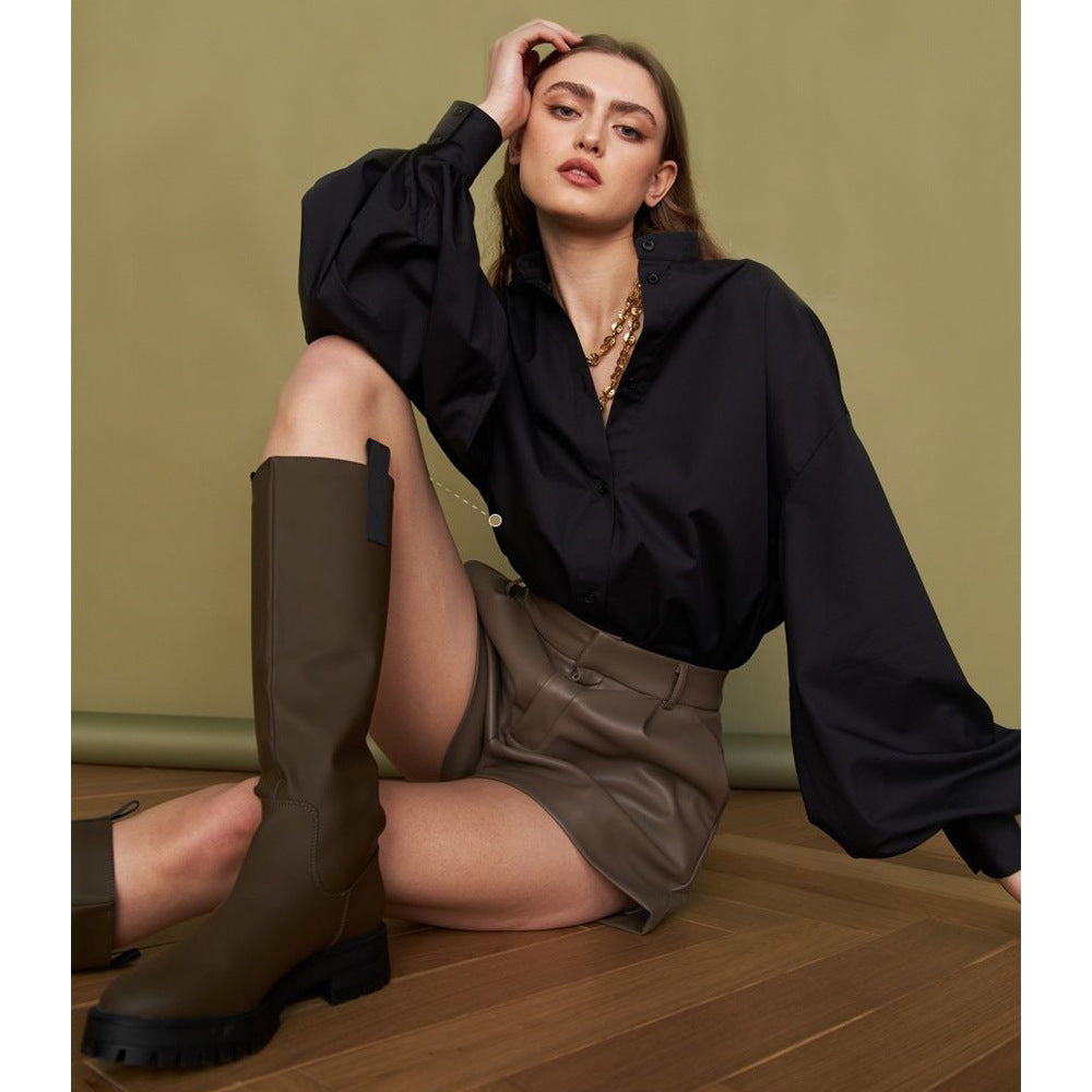 Lantern sleeve solid color shirt European and American spring and summer temperament Royal sister commuting versatile loose round neck shirt  t-shirts