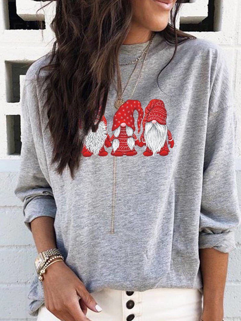 New Santa Claus Holiday Printed Crew Neck Long Sleeve T-Shirt Casual Bottom Top Women