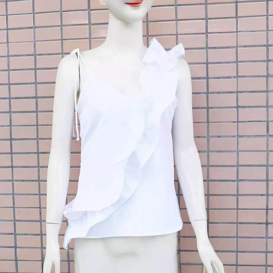 New summer European and American women's clothing suspender V-neck ruffle edge decorative top shirts  t-shirts