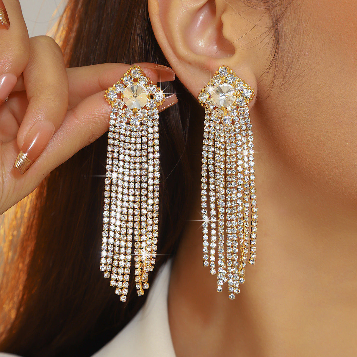 DINGKA high-end shiny long fringed earrings, micro-inlaid zircon earrings, copper earrings, TEMU Xiyin Source