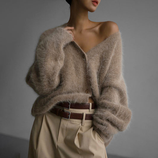 Cross-border imitation mink knitted sweater cardigan European, American autumn and winter lazy loose long-sleeved V-neck sweater jacket women