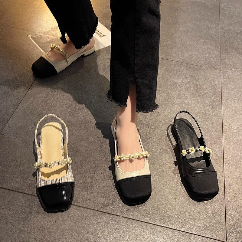 With skirt Mary Jane single shoes summer French small heel versatile pearl bag head sandals female new fairy style  beanie shoes