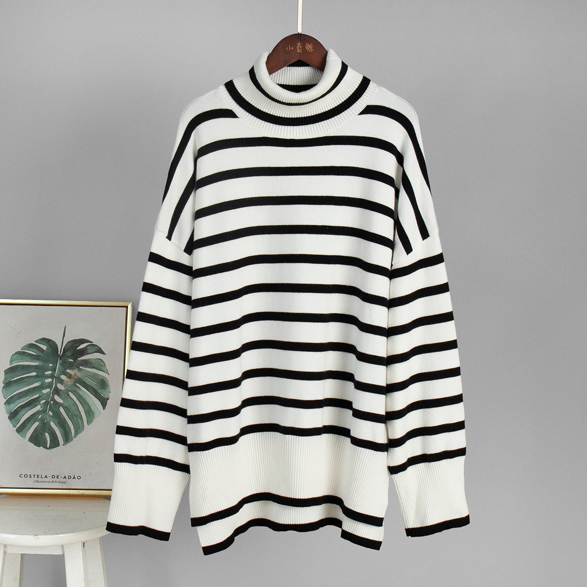 Turtleneck striped sweater women's Europe, America, autumn and winter new turtleneck pullover knitted sweater versatile loose sweater