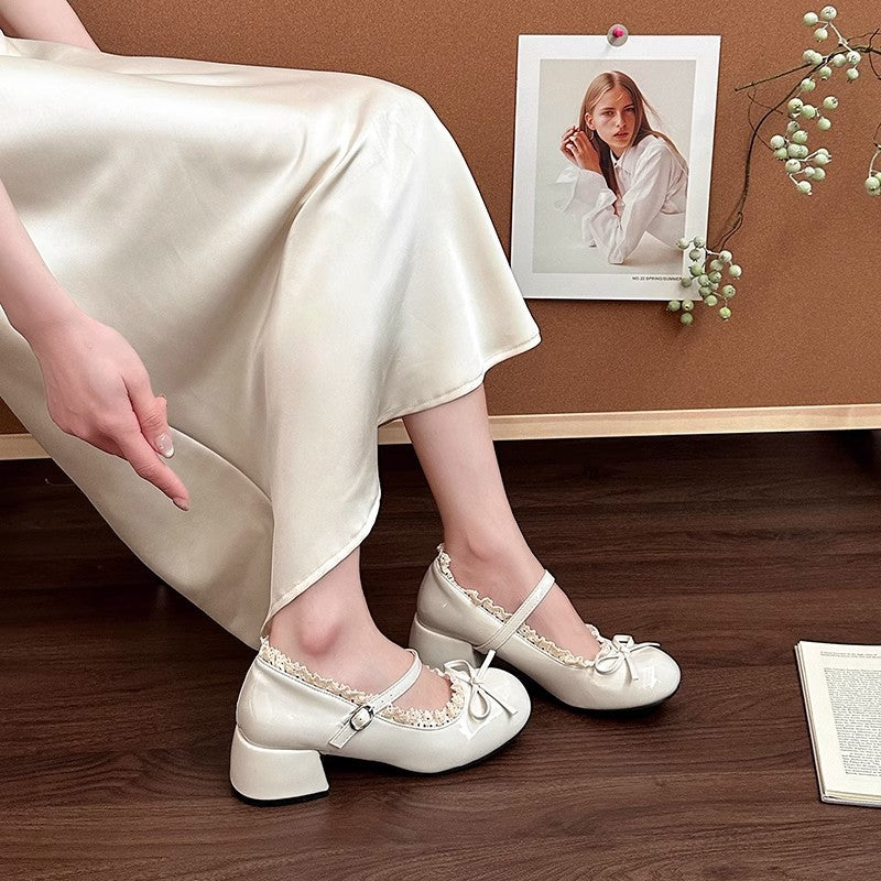 French lace bow women Mary Jane shoes summer fashion new silver single  beanie shoes inner height increase evening leather shoes