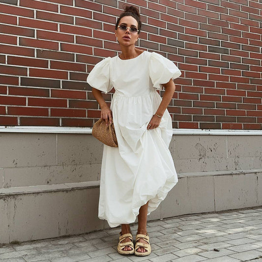 Pure cotton round neck bubble sleeve dress European and American spring and summer new solid color loose casual dress women