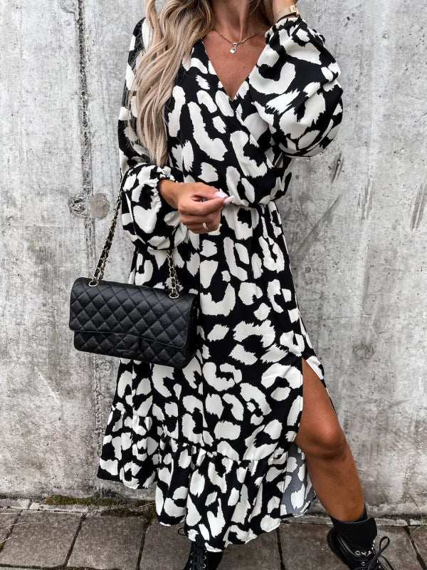 Cross-border European and American foreign trade women's clothing autumn and winter new temperament slim-fitting pullover printed dress