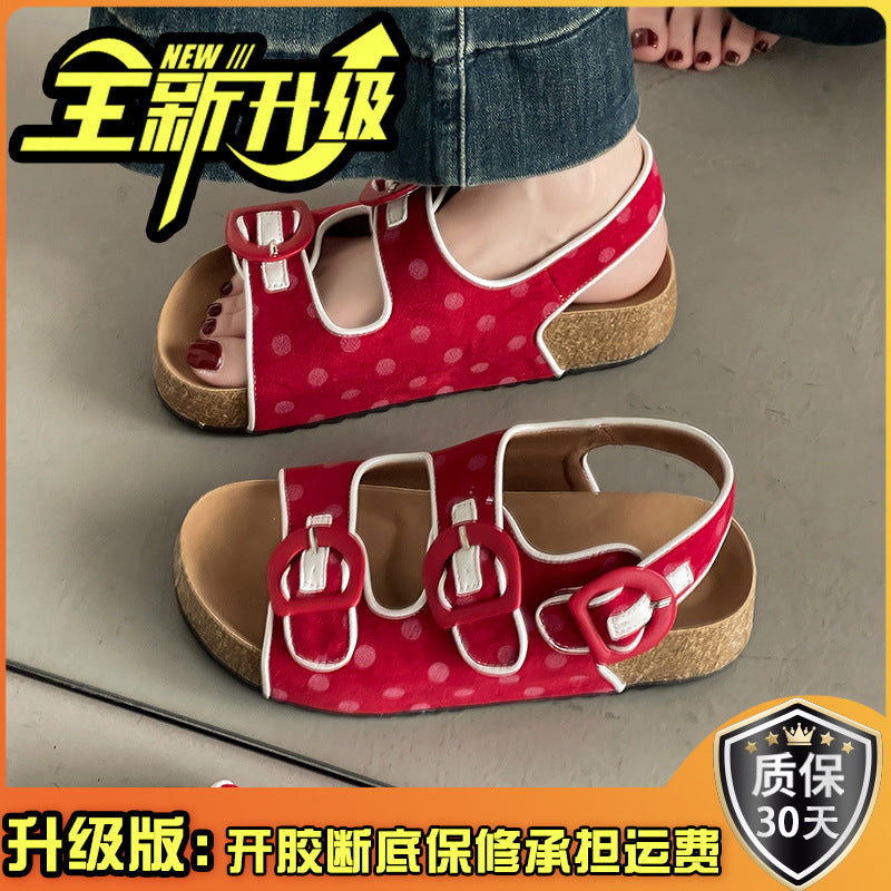 Polka dot platform Birkenstocks women's  new summer versatile and comfortable women wearing sandals with one foot and half drags  slippers