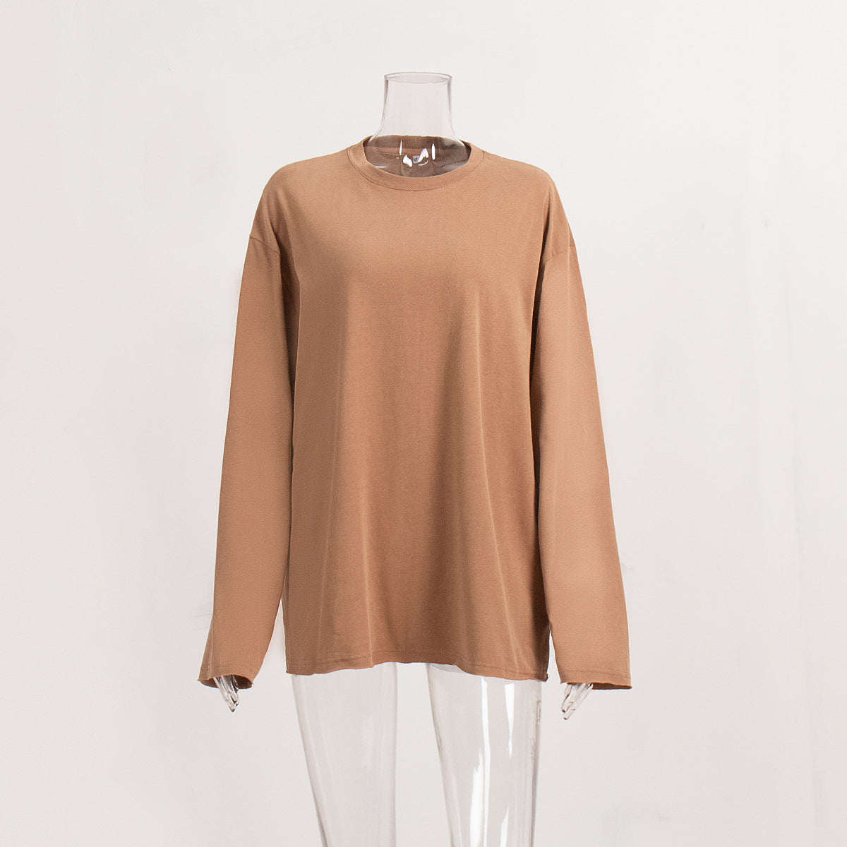 Pure cotton T-shirt women's European and American cross-border spring new loose solid color Oversize round neck long-sleeved t-shirts