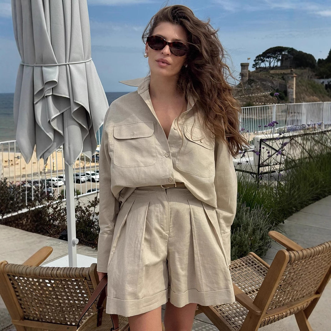 Cross-border pure cotton long-sleeved shirt shorts set women's European, American and summer new loose and breathable fashion casual suits