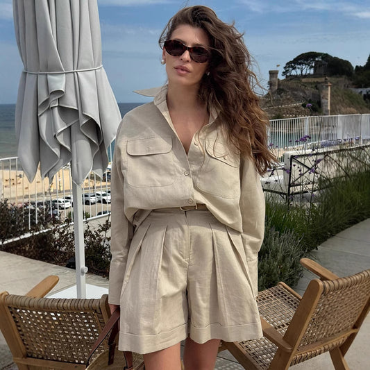 Cross-border pure cotton long-sleeved shirt shorts set women's European, American and summer new loose and breathable fashion casual suits