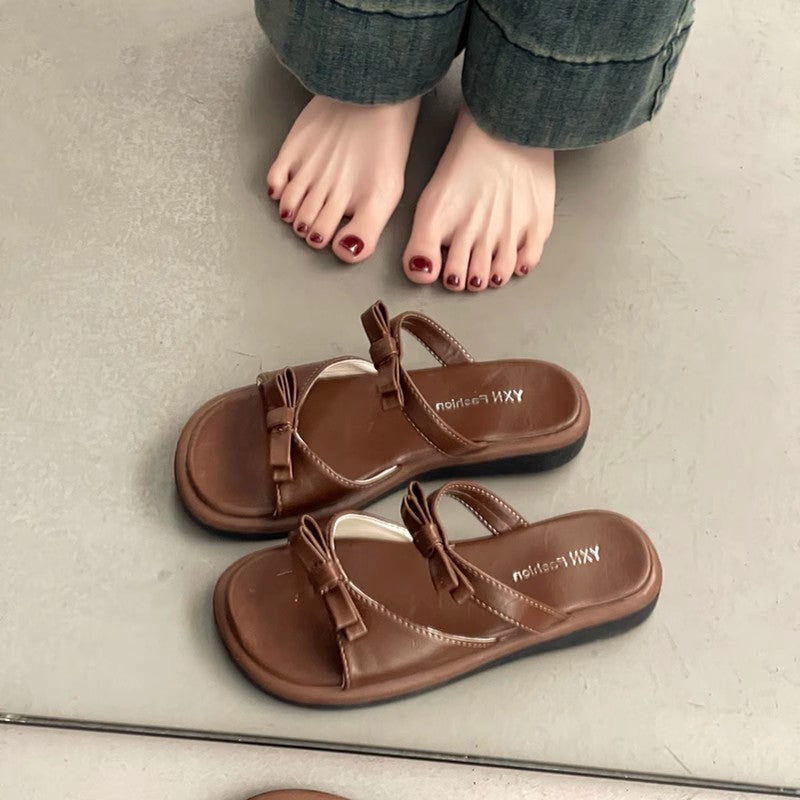 Bow flat-bottomed slippers for women's summer outer wear  new fashionable versatile open-toe double with cool slippers wholesale