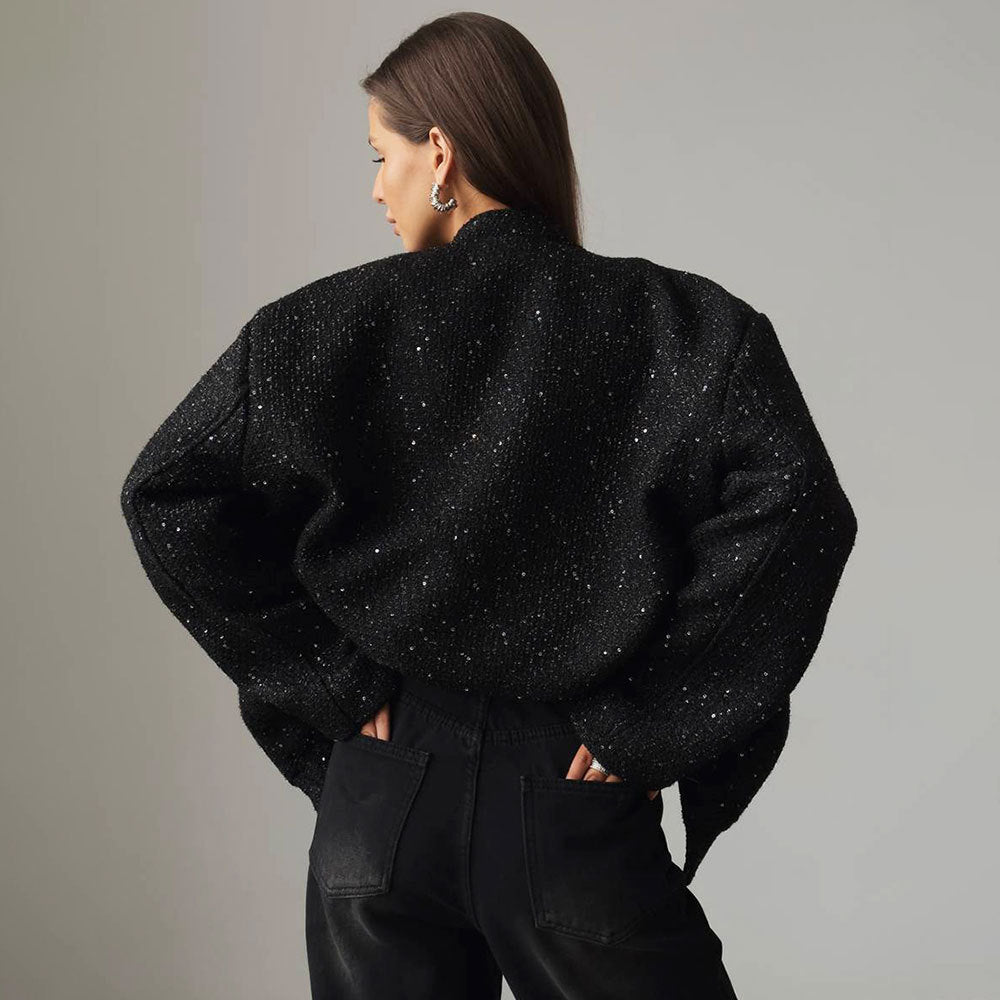 Cross-border gold silk bead jacket European and American new INS new fashion sequined stand-up collar loose jacket  clothes  coat