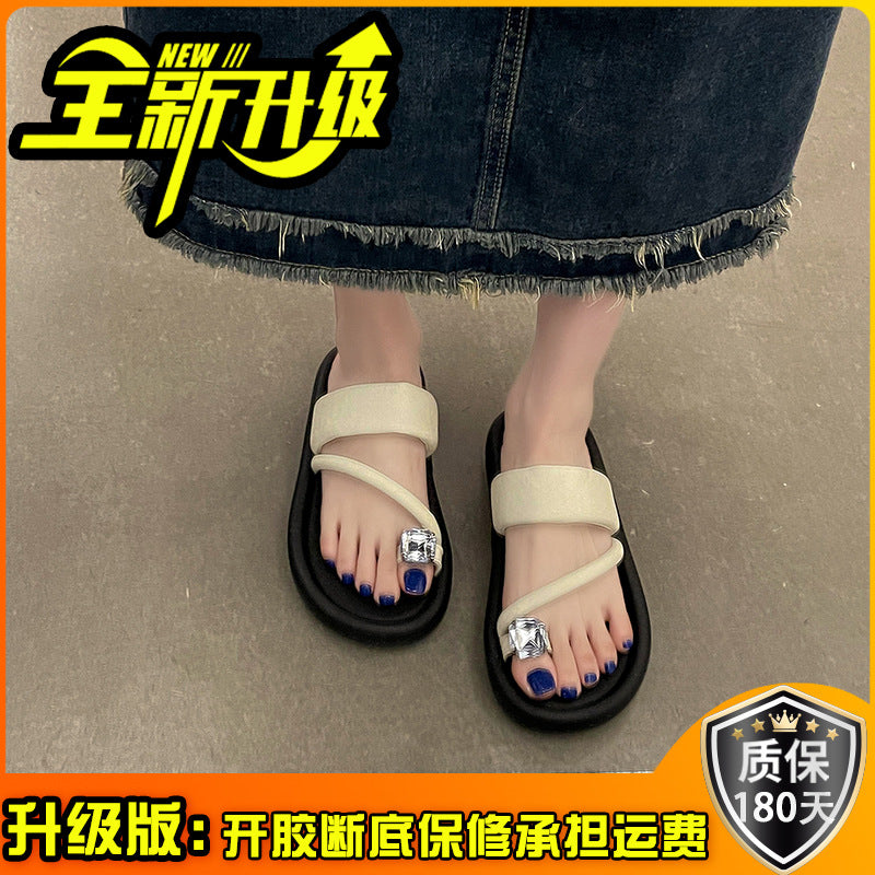 Fashion tribe Internet celebrity rhinestone cool slippers women's summer wear  spring new one-word strap foot thick bottom drag