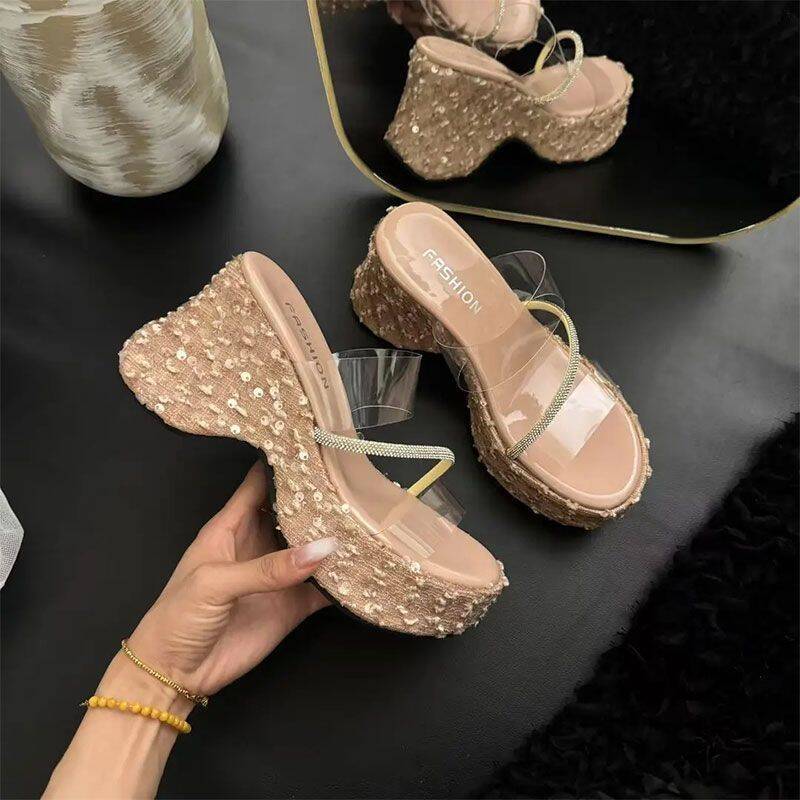 Thick-bottomed wedge slippers women's  new summer outer wear fashion sequins transparent one-word set toe high-heeled sandals women