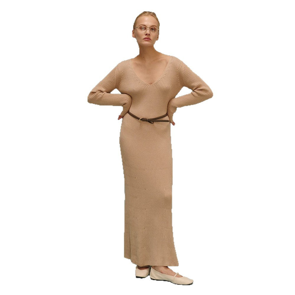 Solid color long-sleeved dress women's European, American autumn and winter new temperament V-neck slim-fitting hip-wrapped knitted long dress suits