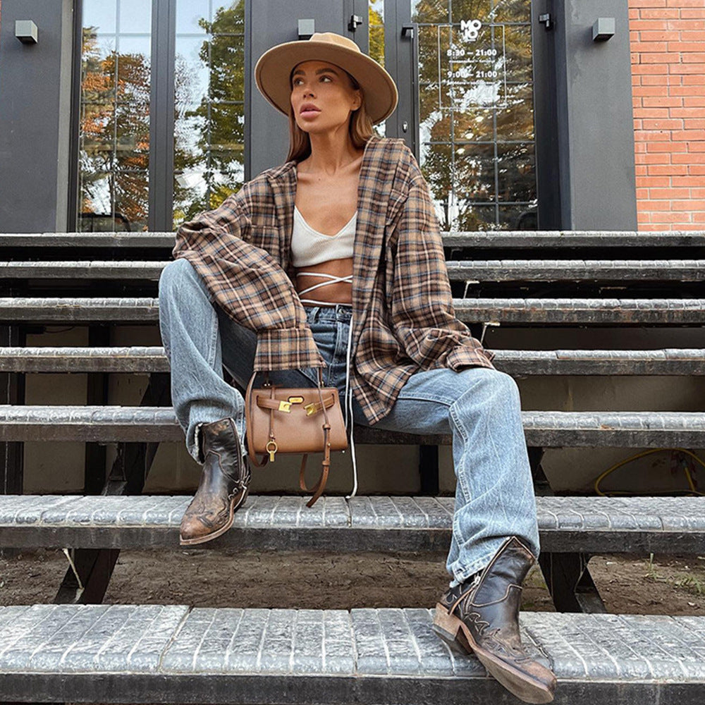 Spring and summer American retro plaid POLO collar shirt design sense primer plaid shirt loose women  t-shirts