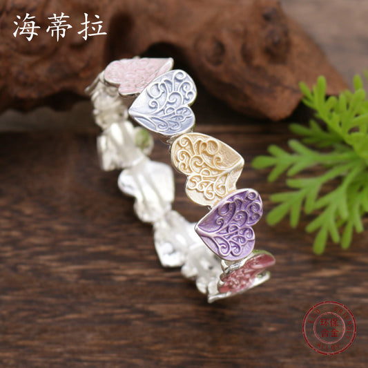 Hot-selling color painting oil tree of life love elastic bracelet, fashionable heart-shaped women's versatile alloy bracelet