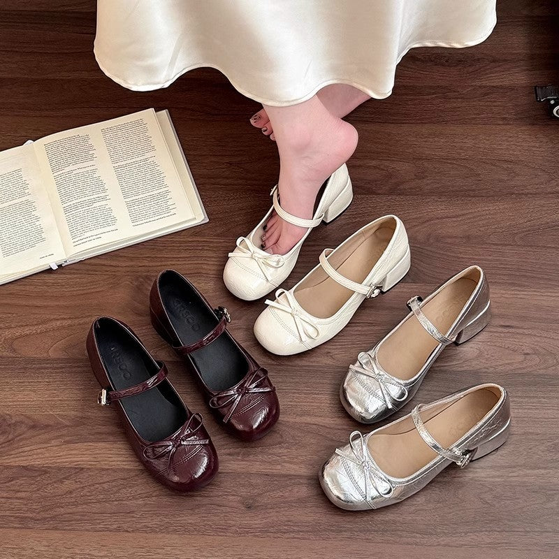 Retro casual high heels summer new fashion fairy leather shoes bow Mary Jane shoes French women's single shoes beanie shoes