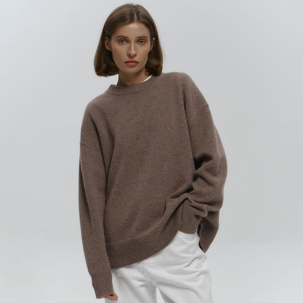 Crew neck dark sweater European, American autumn and winter new loose warm simple pullover solid color knitted sweater