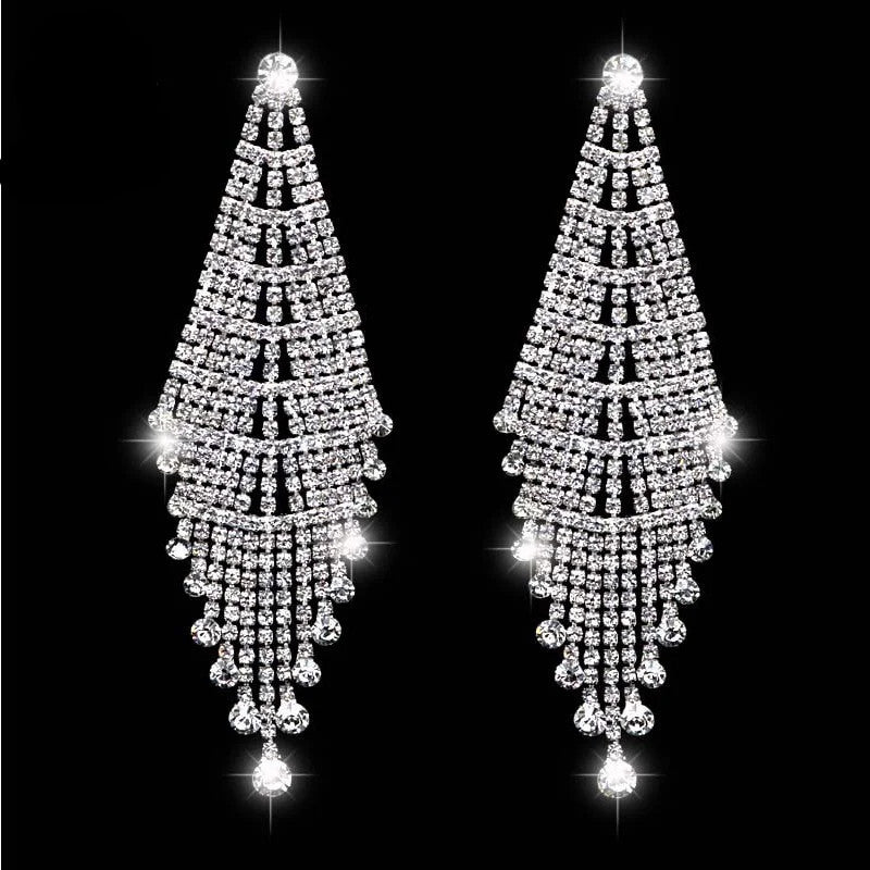 European and American catwalk performances, high-end exaggerated rhinestone long fringed earrings, flash diamond stud earrings, earrings, women's earrings