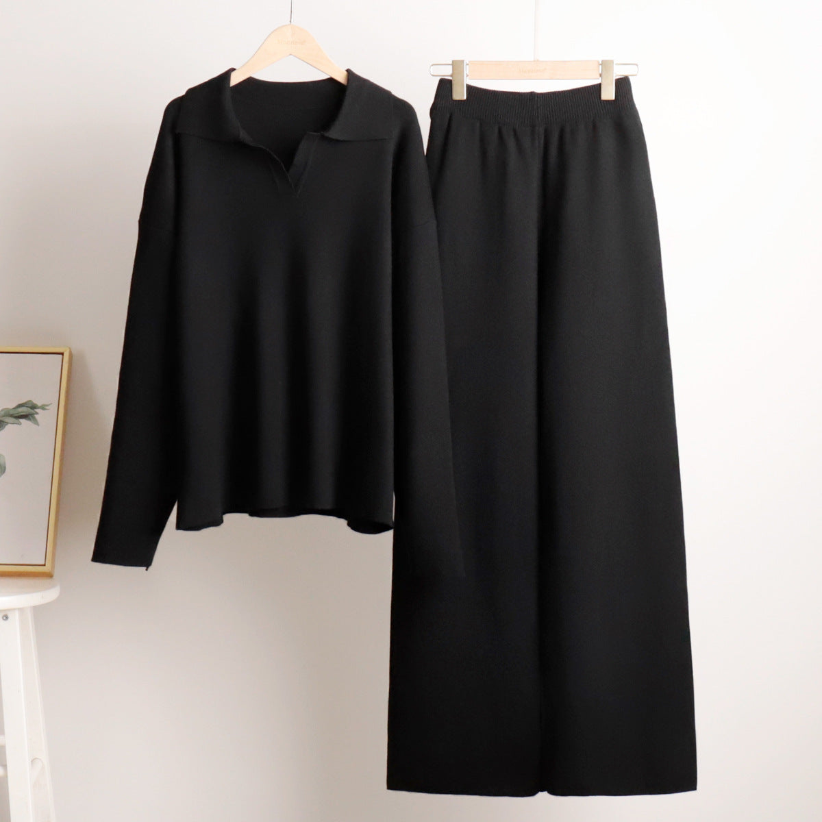 Knitted set European and American autumn and winter sweater set Polo neck knitted jumper + wide-leg trousers two-piece set  suits