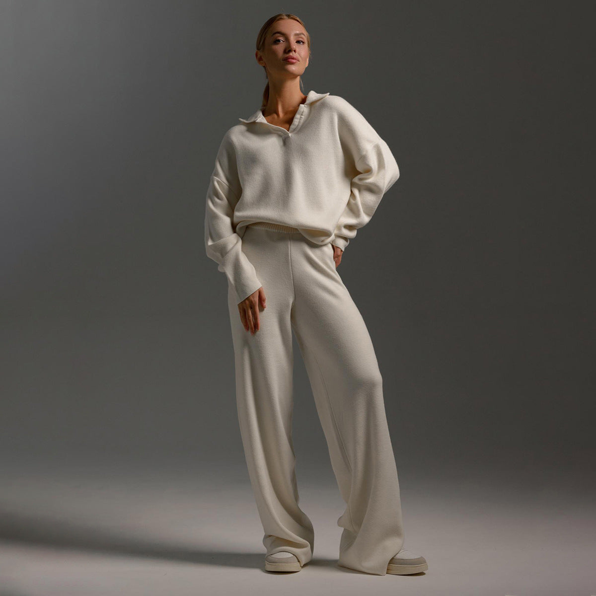 Knitted set European and American autumn and winter sweater set Polo neck knitted jumper + wide-leg trousers two-piece set  suits