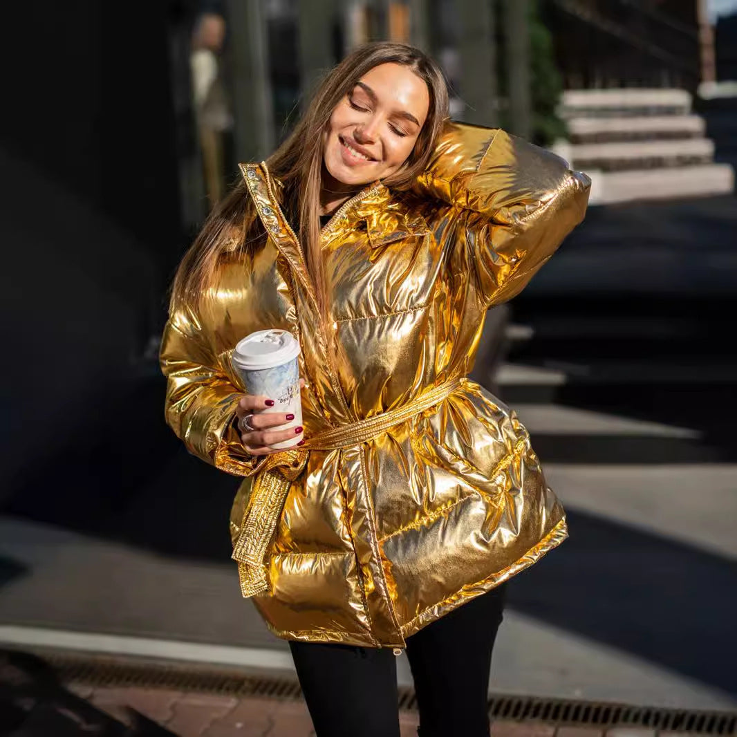 Hooded cotton jacket women's sports outdoor glossy bread clothing European and American autumn and winter casual cotton-padded jackets