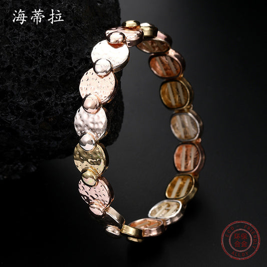 New round irregular alloy elastic bracelet, creative modeling electroplated three-color fashion women's bracelet