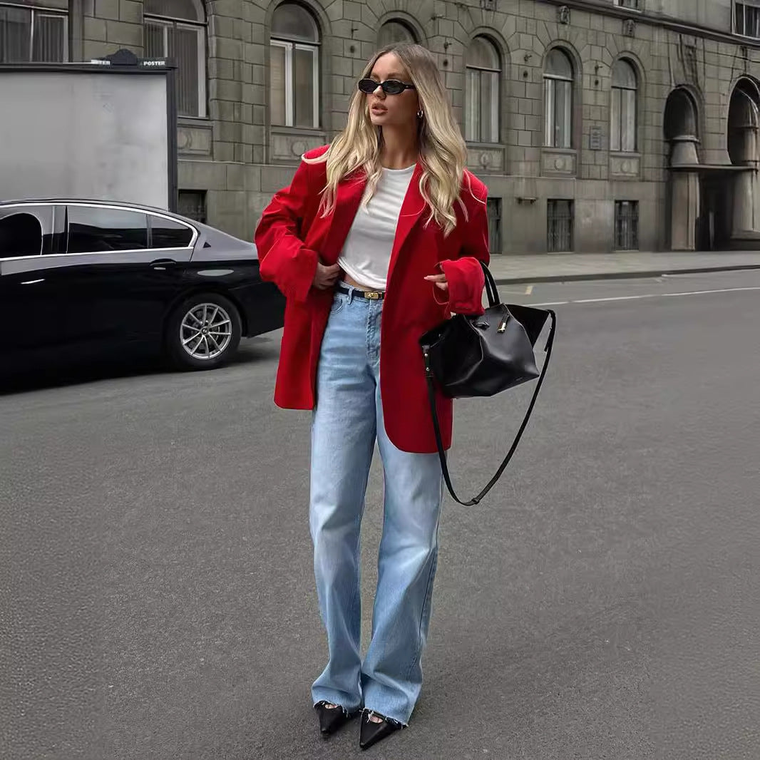 Red suits European and American summer new temperament shoulder pads loose lapel pocket red blazer