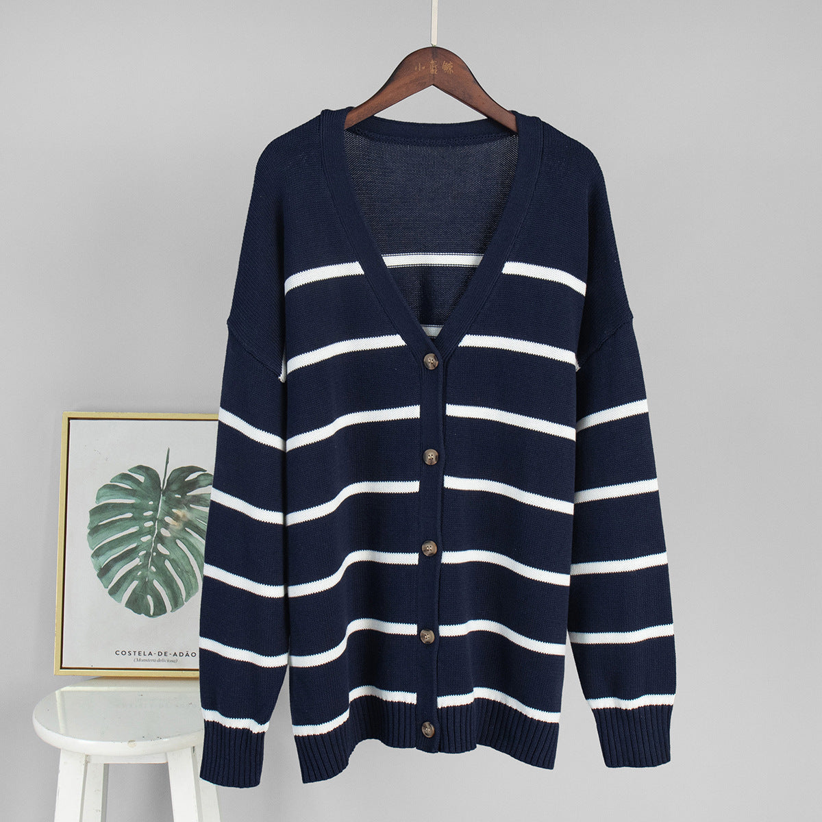 Striped knitted cardigan women's European, American autumn and winter new V-neck cardigan sweater pure cotton striped sweater women