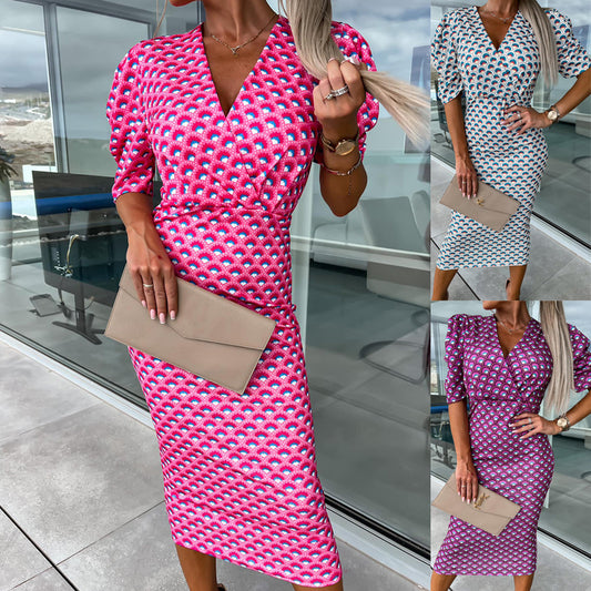 European and American women's clothing  foreign trade  spring and summer new V-neck short-sleeved slim-fitting hip-wrapped dress medium and long dress