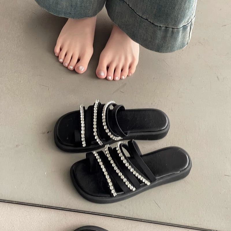 Summer new versatile flat-bottomed sandals round head non-slip temperament one-word drag fairy rhinestone cover toe slippers