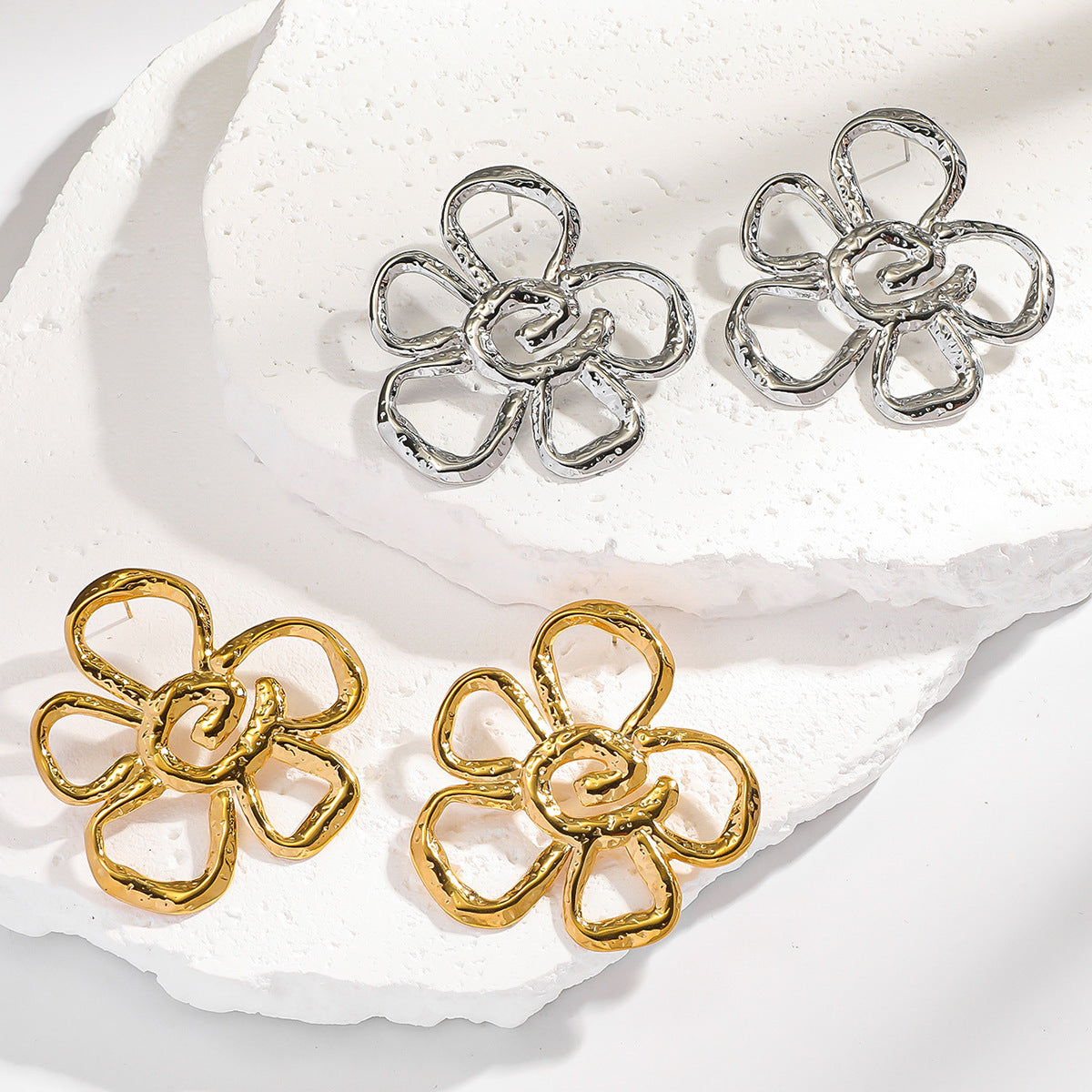Malt European and American fashion hollow flower earrings stud earrings women's opening design ring rings holiday style earrings
