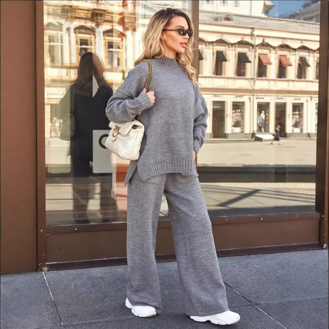 Knitted turtleneck sweater suit for women, European, American autumn and winter new loose long-sleeved trousers knitted suits for women