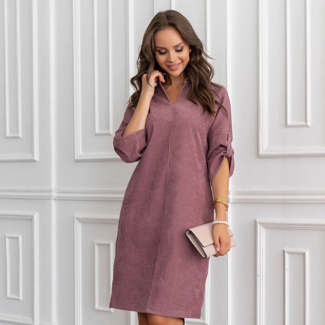 Corduroy medium and long dress, European and American spring and summer temperament commuting loose lapel cufflink dress