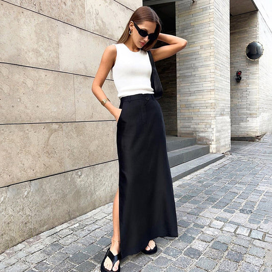 Split skirt women's spring and summer new high waist temperament commuter skirt European and American A-shaped dress