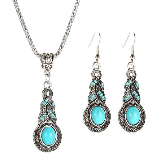 Europe and the United States new fashion retro suit blue crystal inlaid turquoise earrings hot Bohemian personality earrings
