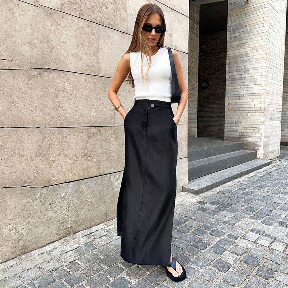 Split skirt women's spring and summer new high waist temperament commuter skirt European and American A-shaped dress
