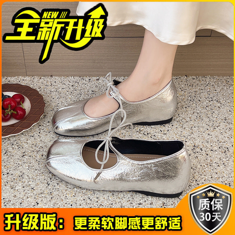 Vintage casual inner heightening single  beanie shoes women's  summer lace-up bow leather shoes comfortable ballet Mary Jane shoes