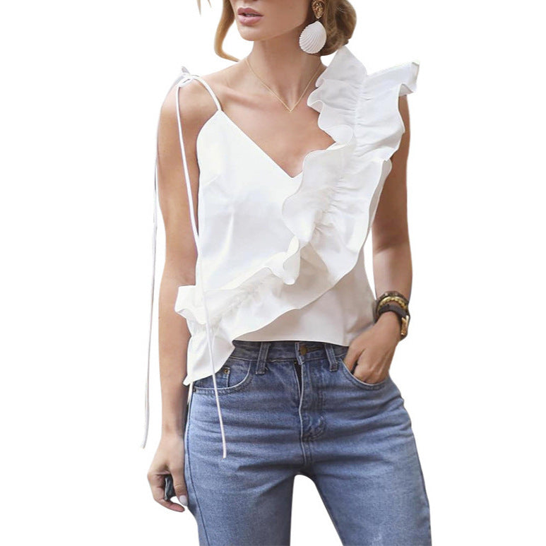 New summer European and American women's clothing suspender V-neck ruffle edge decorative top shirts  t-shirts