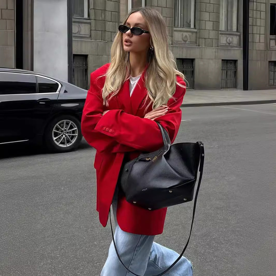 Red suits European and American summer new temperament shoulder pads loose lapel pocket red blazer