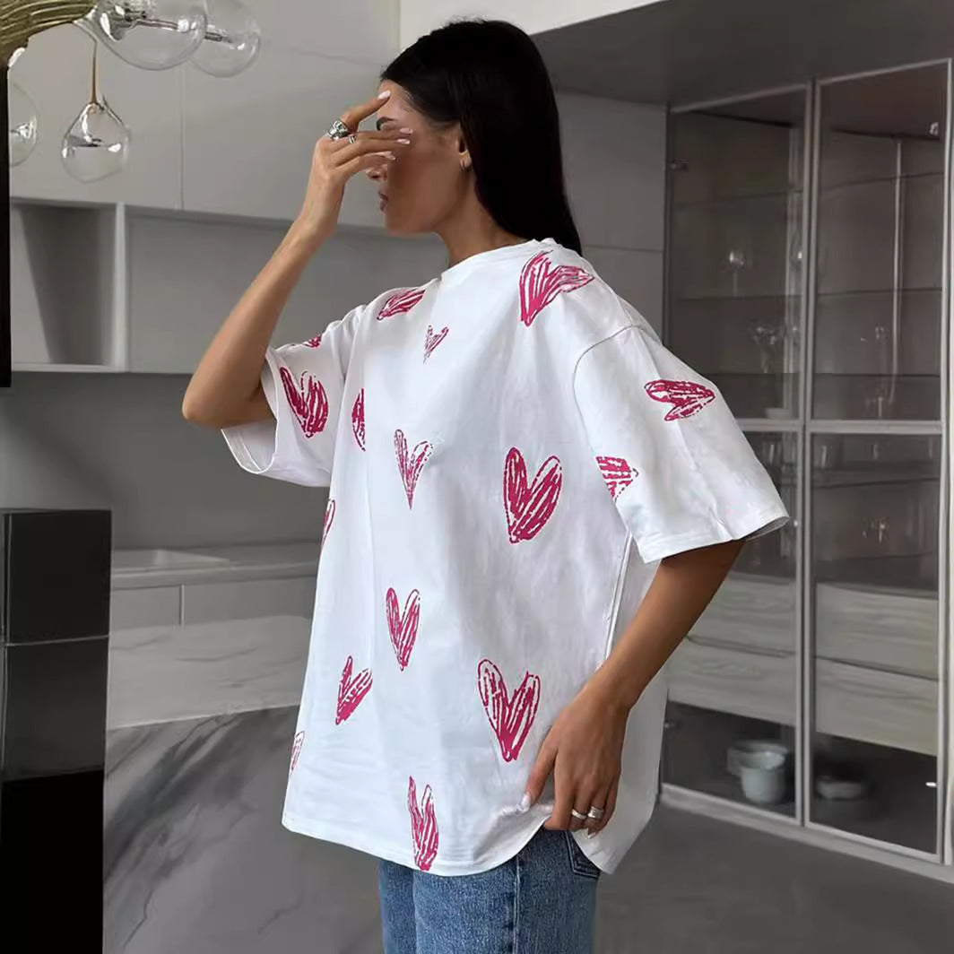 Love printed T-shirts European and American summer new street trend hand-painted love printed short-sleeved T-shirt